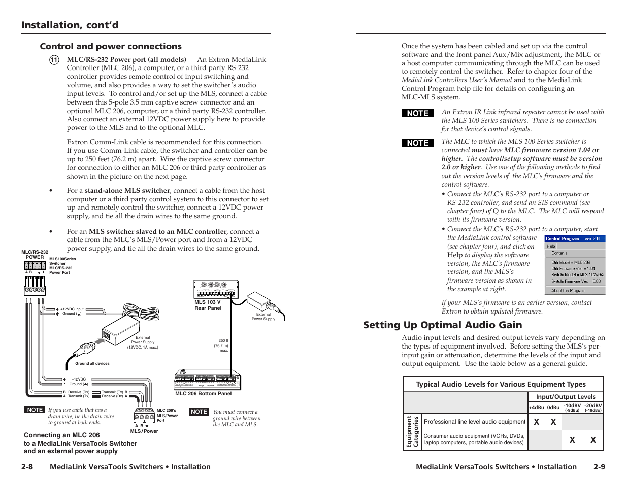 Setting up optimal audio gain, Installation, cont’d | Extron electronic MLS 103 V User Manual | Page 10 / 25