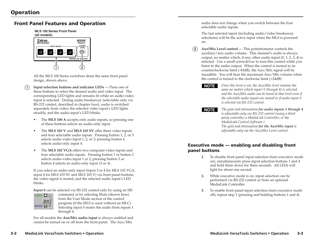 Front panel features & operation, Front panel features and operation, Operation | Extron electronic MLS 103 V User Manual | Page 13 / 25
