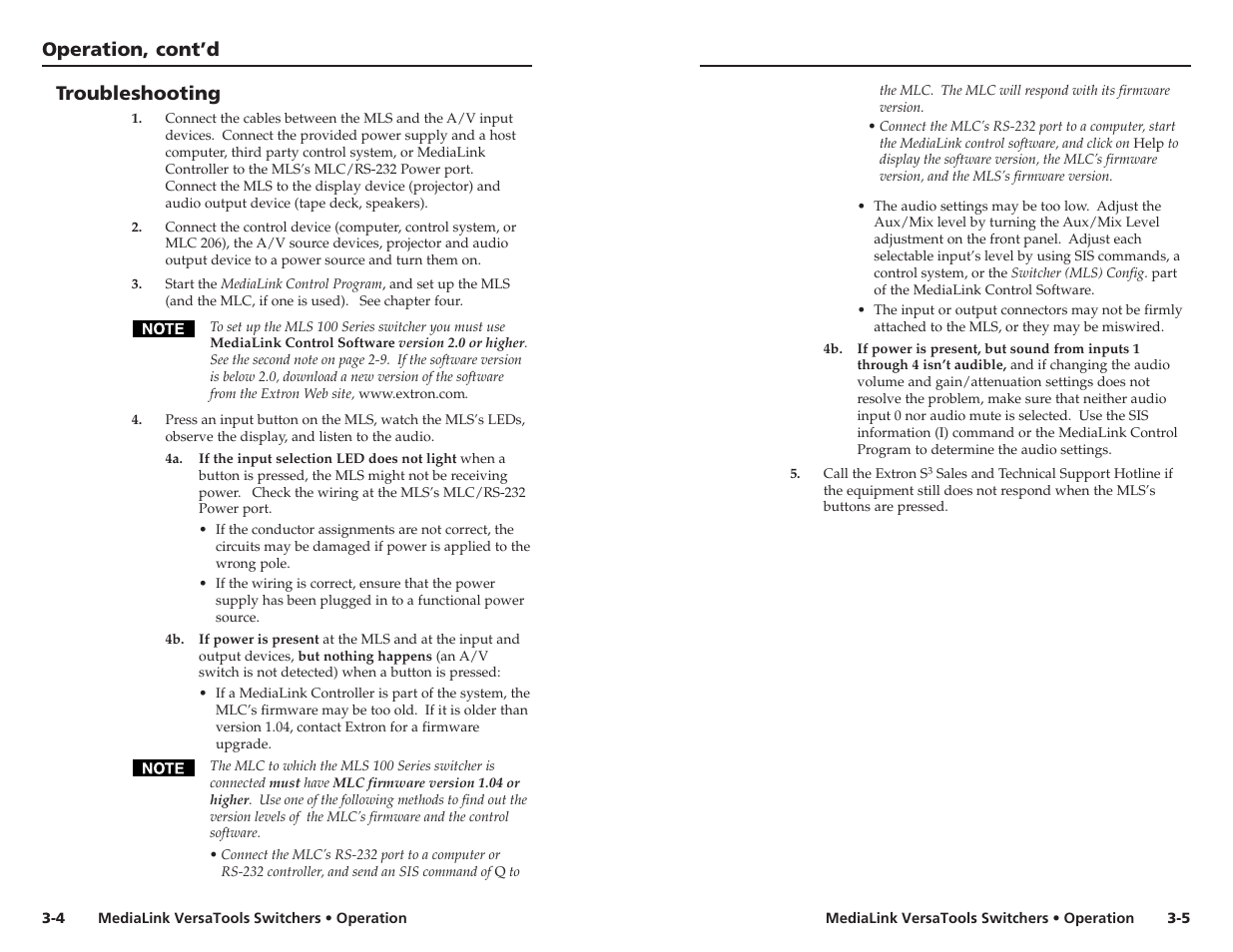 Troubleshooting, Operation, cont’d troubleshooting | Extron electronic MLS 103 V User Manual | Page 14 / 25