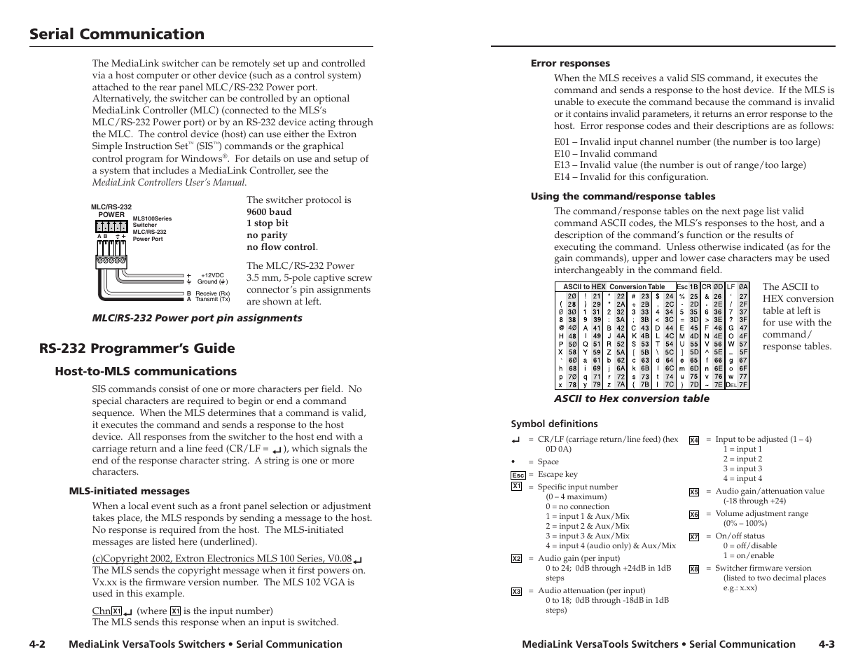 Rs-232 programmer's guide, Rs-232 programmer’s guide, Host-to-mls communications -2 | Mls-initiated messages -2, Serial communication, Host-to-mls communications | Extron electronic MLS 103 V User Manual | Page 16 / 25
