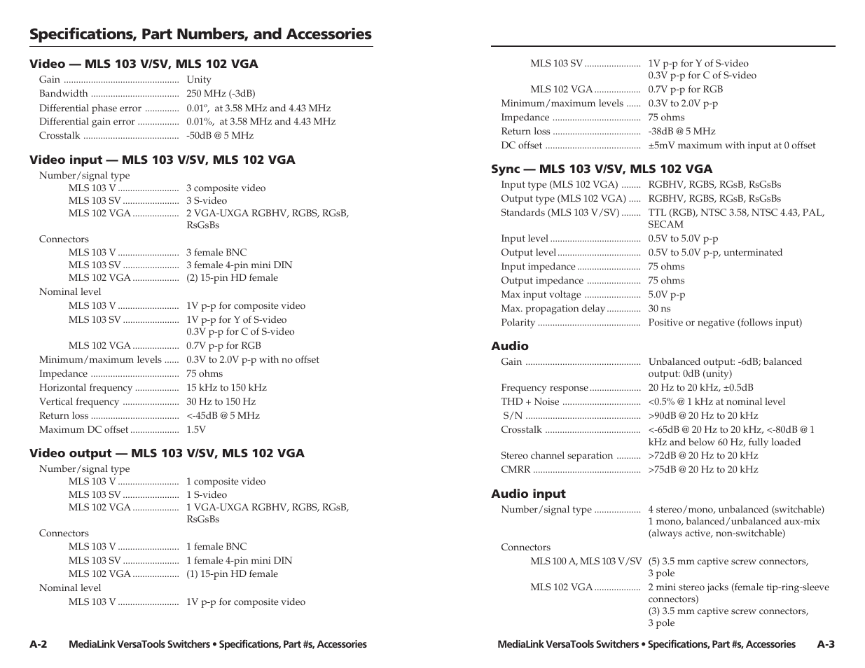 Specifications, Specifications, part numbers, and accessories | Extron electronic MLS 103 V User Manual | Page 22 / 25