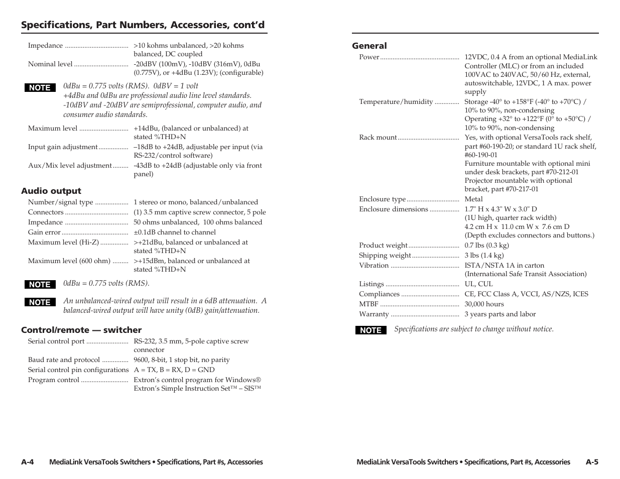 Specifications, part numbers, accessories, cont’d | Extron electronic MLS 103 V User Manual | Page 23 / 25