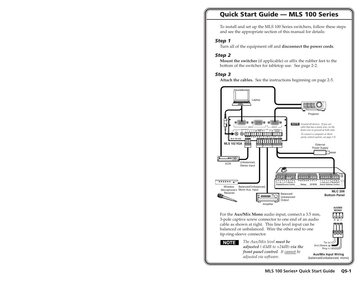 Quick start guide, Quick start guide — mls 100 series, Step 1 | Step 2, Step 3, Mls 100 series• quick start guide, Qs-1 | Extron electronic MLS 103 V User Manual | Page 3 / 25