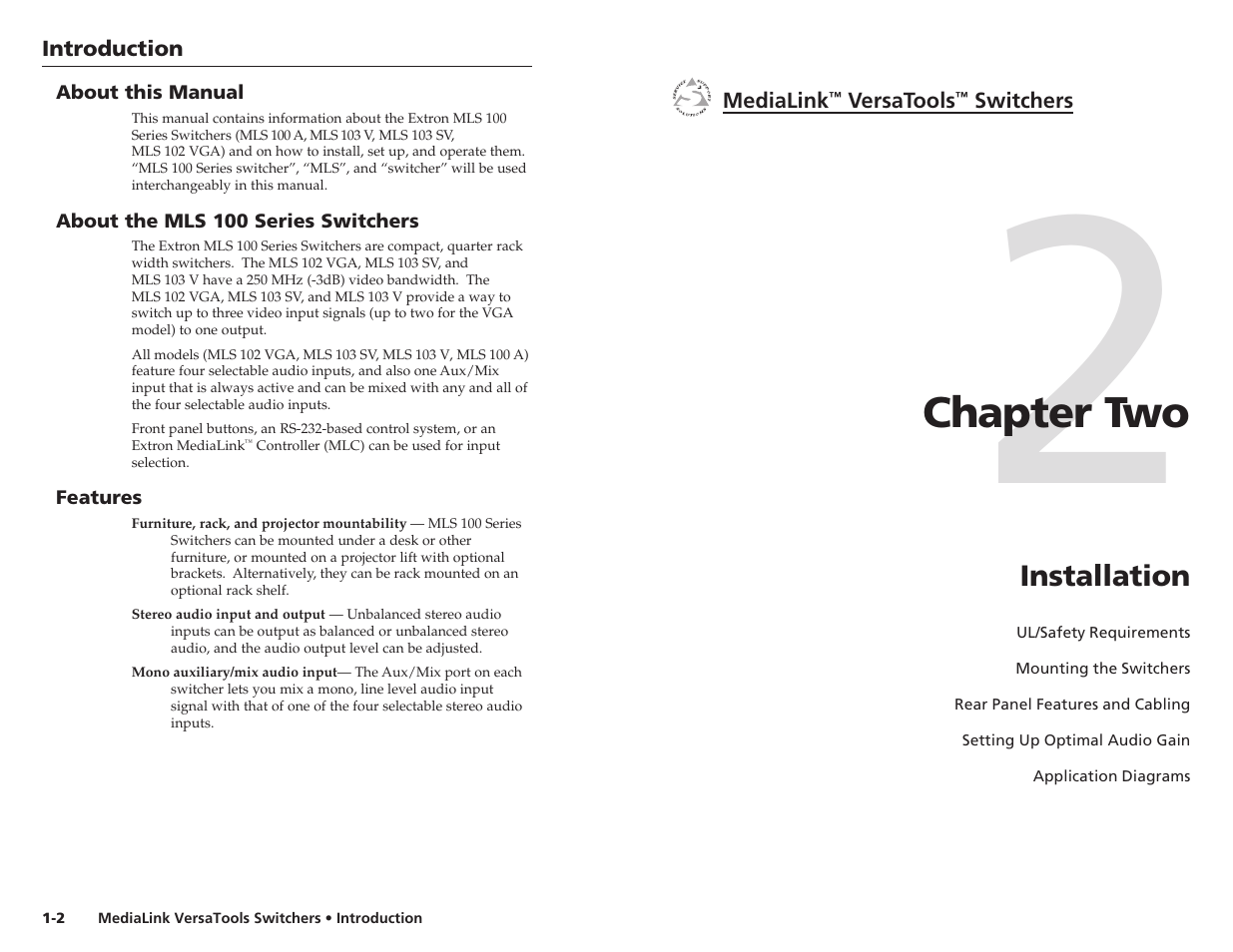 About this manual, About the mls 100 series switchers, Features | Ch.2: installation, Chapter 2 • installation, Chapter two | Extron electronic MLS 103 V User Manual | Page 6 / 25