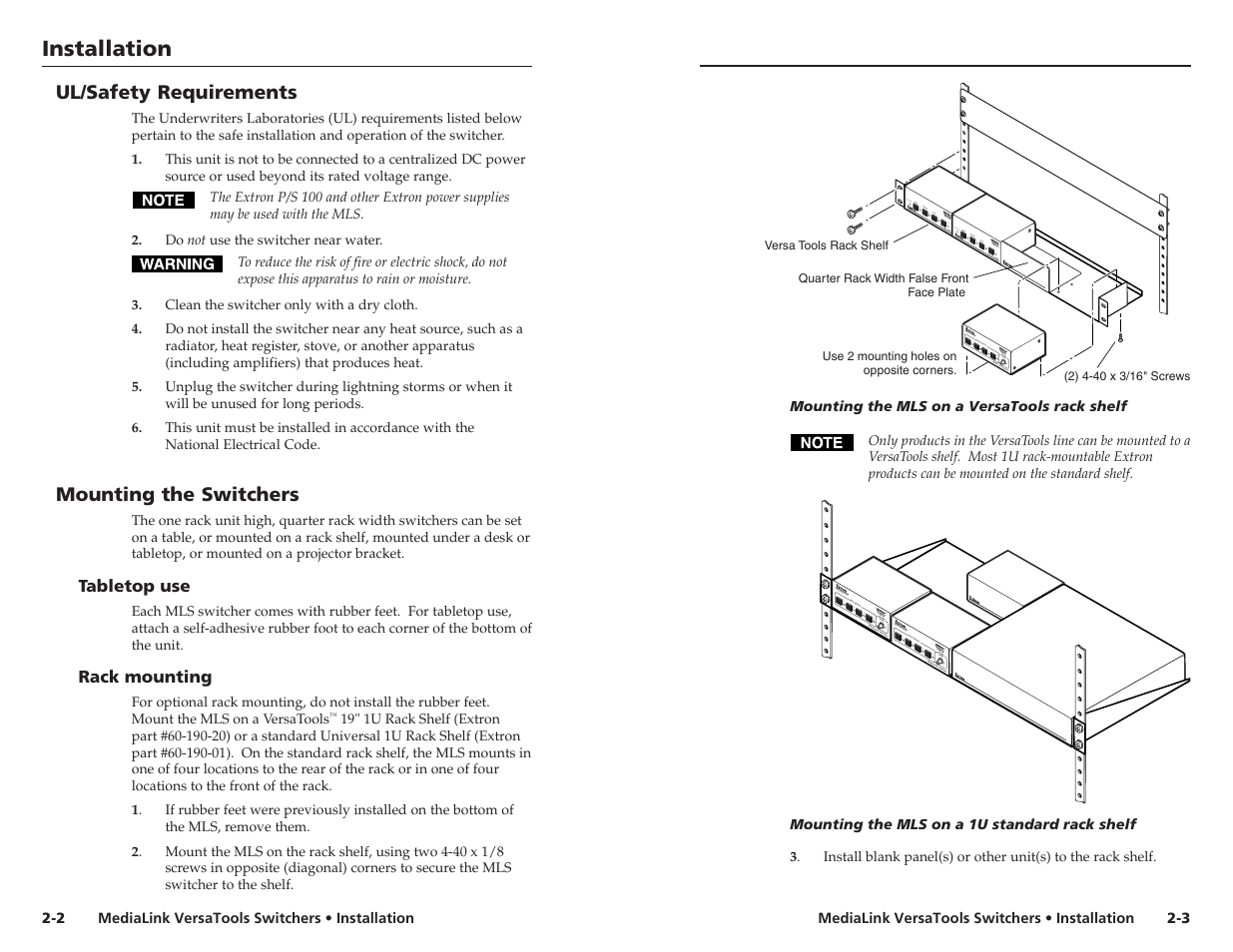 Ul/safety requirements, Mounting the switchers | Extron electronic MLS 103 V User Manual | Page 7 / 25