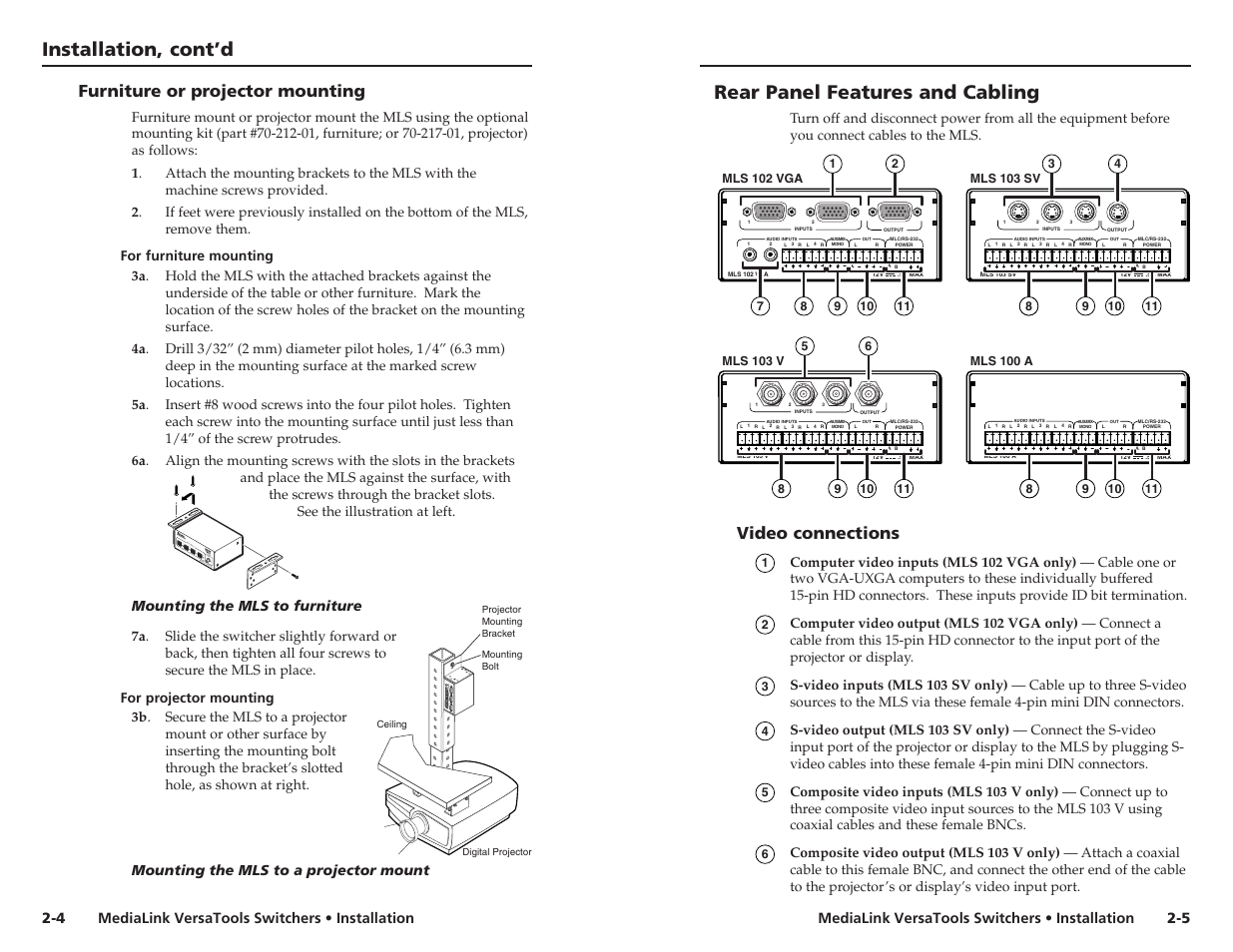 Rear panel features & cabling, Rear panel features and cabling, Video connections | Furniture or projector mounting | Extron electronic MLS 103 V User Manual | Page 8 / 25