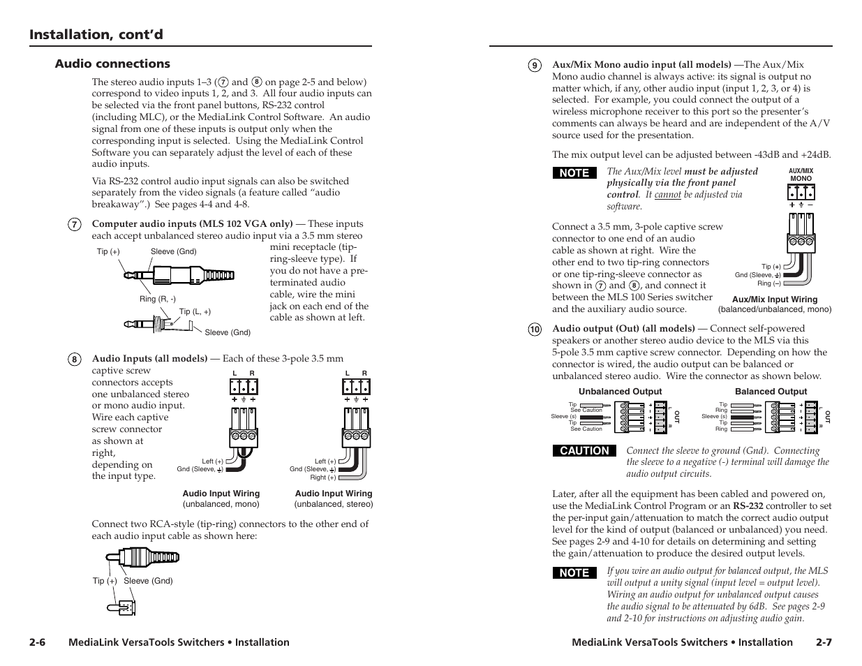 Installation, cont’d, Audio connections | Extron electronic MLS 103 V User Manual | Page 9 / 25