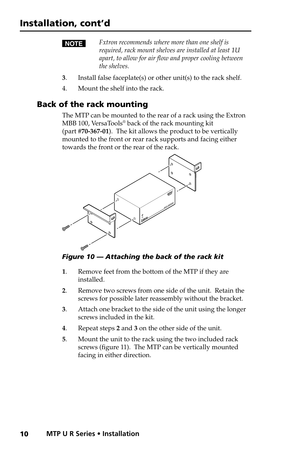 Back of the rack mounting, Installation, cont’d | Extron electronic MTP U R RS SEQ User Manual | Page 14 / 32