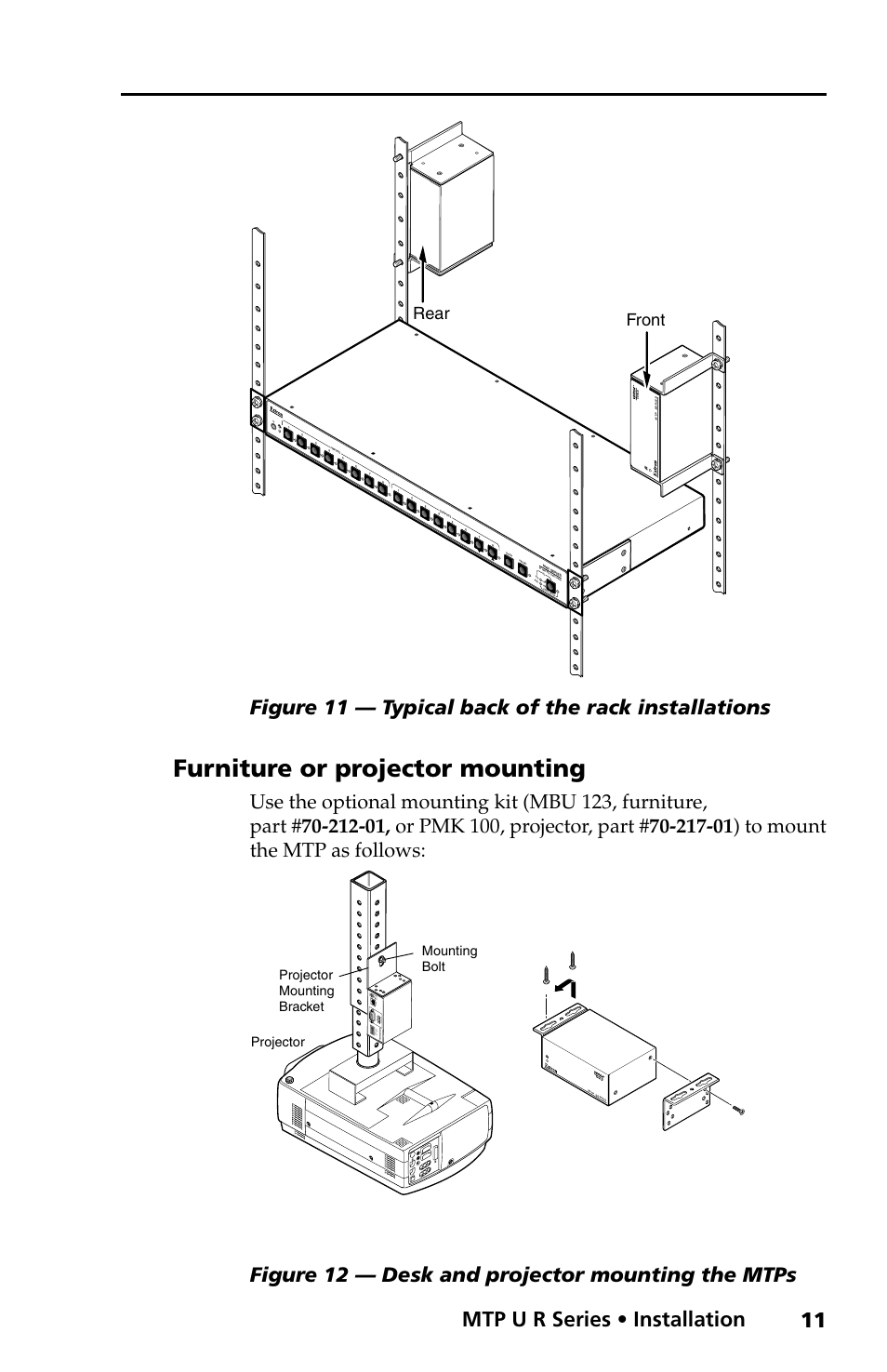 Furniture or projector mounting, Mtp u r series • installation, Figure 11 — typical back of the rack installations | Figure 12 — desk and projector mounting the mtps, Rear front | Extron electronic MTP U R RS SEQ User Manual | Page 15 / 32