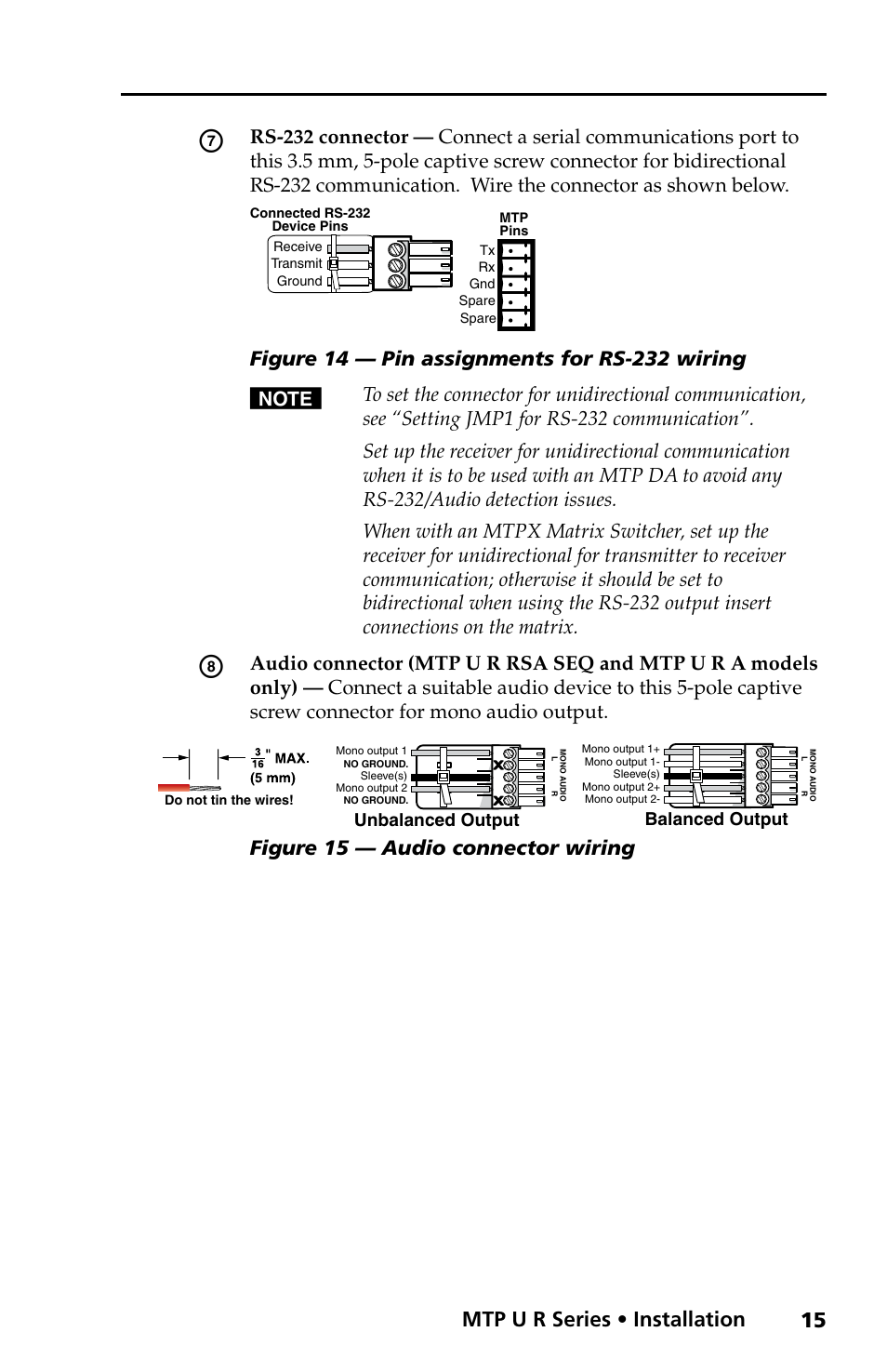Mtp u r series • installation, Figure 15 — audio connector wiring | Extron electronic MTP U R RS SEQ User Manual | Page 19 / 32