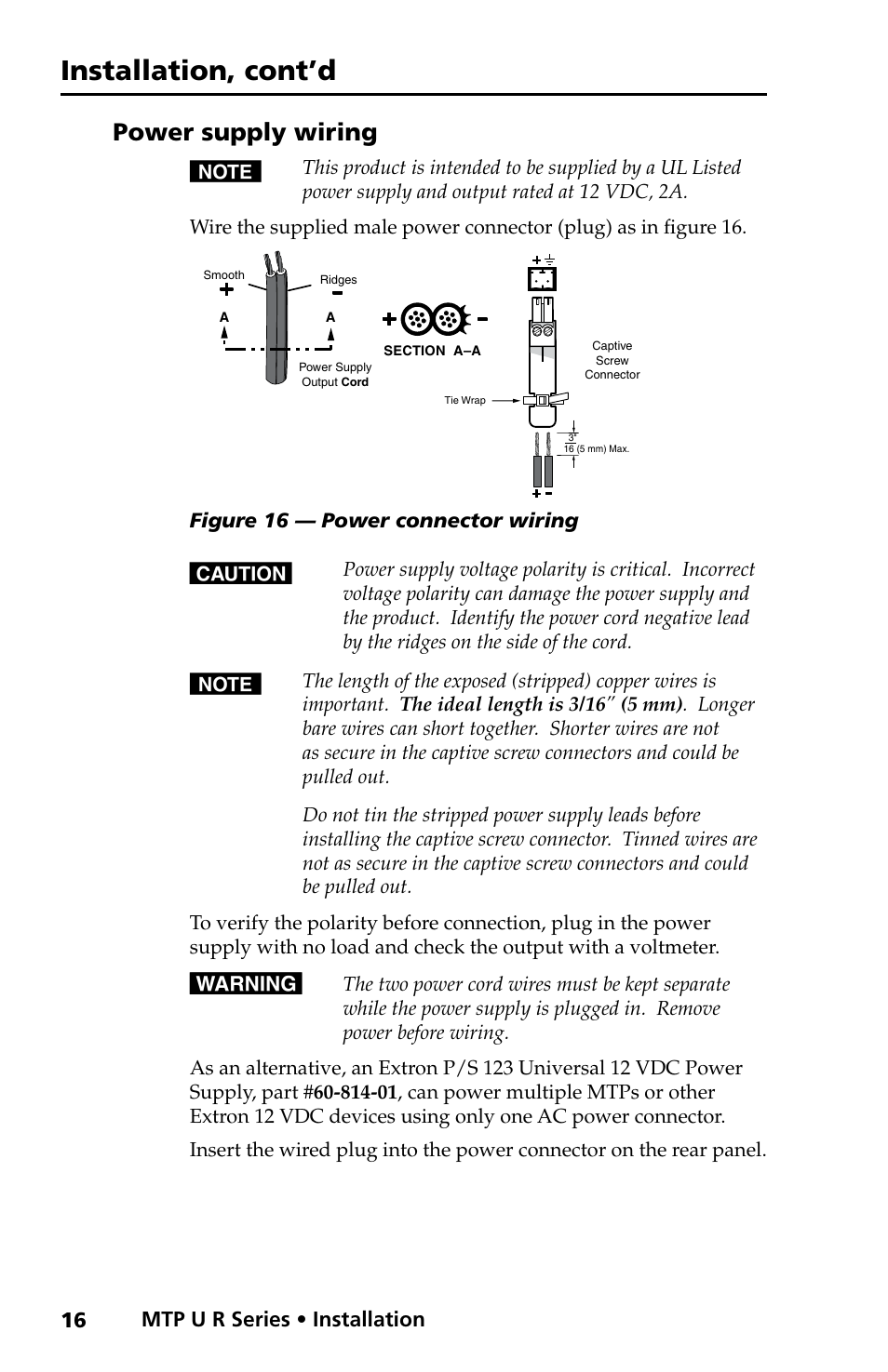 Installation, cont’d, Power supply wiring | Extron electronic MTP U R RS SEQ User Manual | Page 20 / 32