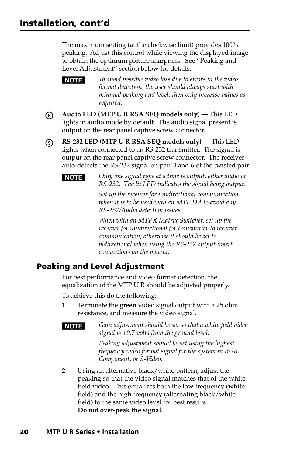 Peaking and level adjustment, Installation, cont’d | Extron electronic MTP U R RS SEQ User Manual | Page 24 / 32