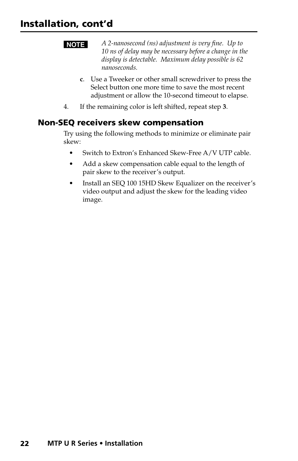 Non-seq receivers skew compensation, Installation, cont’d | Extron electronic MTP U R RS SEQ User Manual | Page 26 / 32