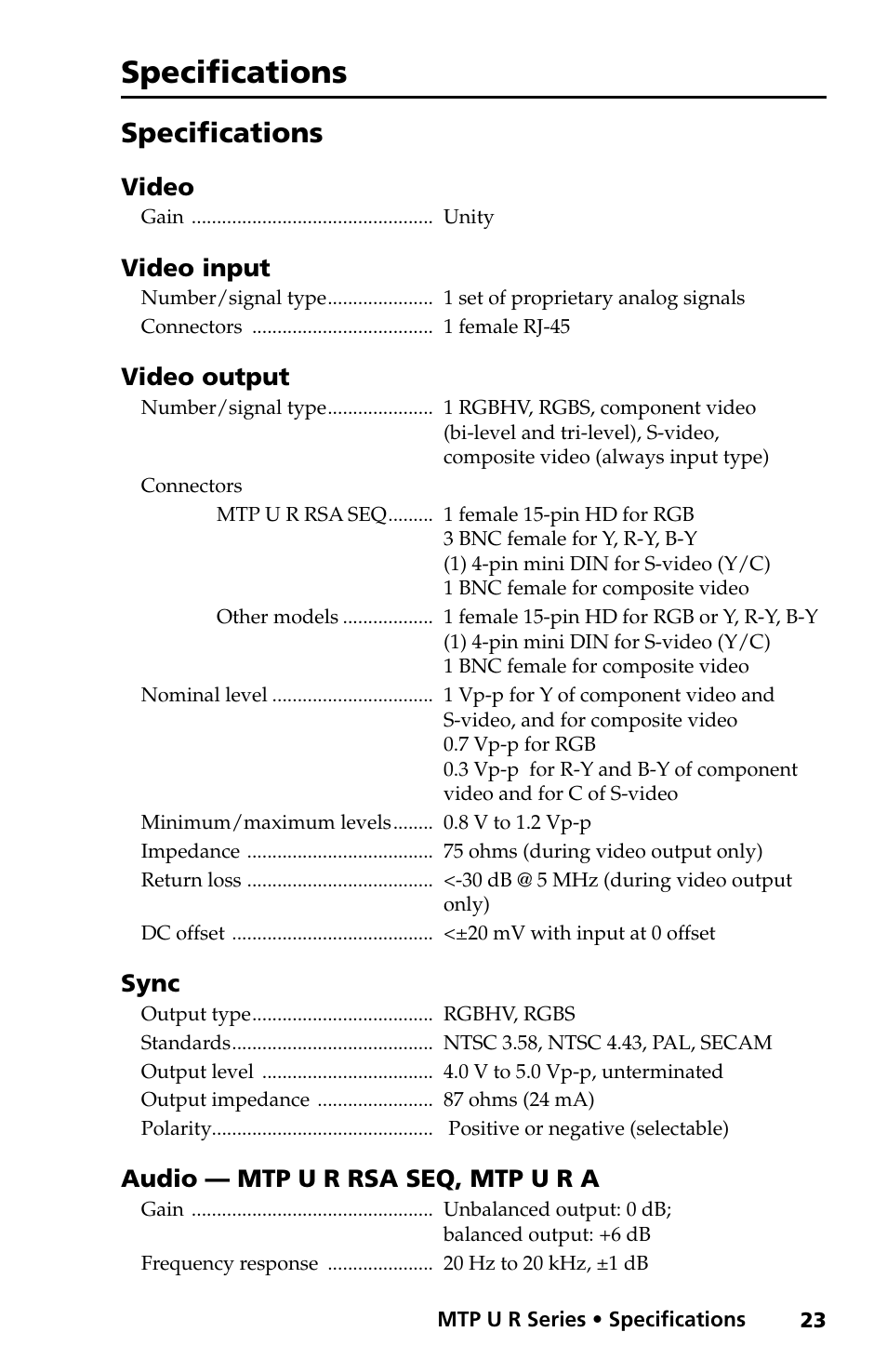 Specifications | Extron electronic MTP U R RS SEQ User Manual | Page 27 / 32