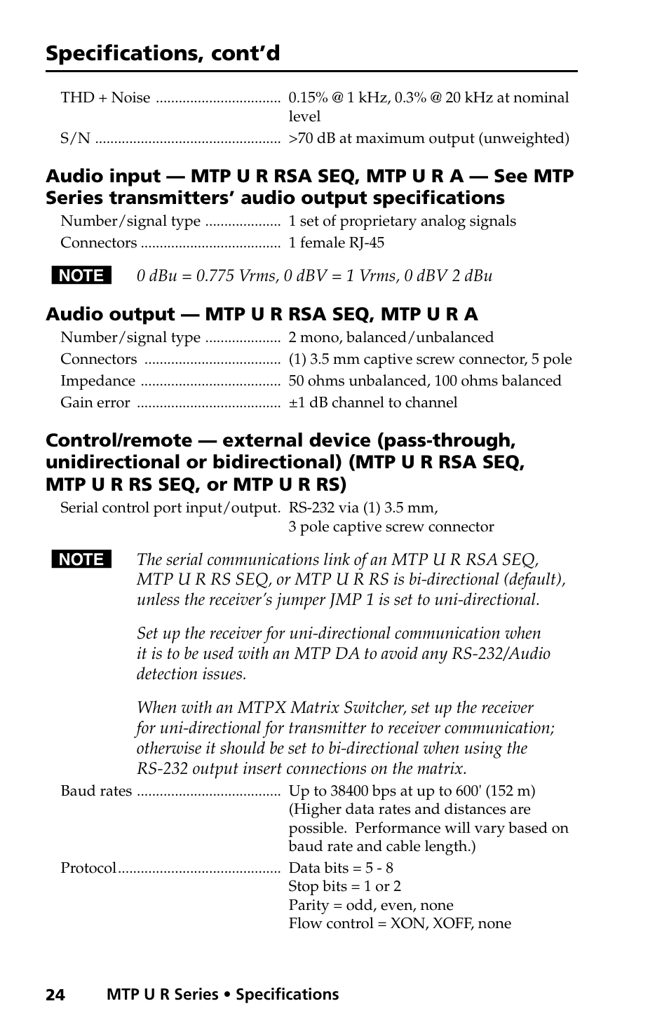 Specifications, cont’d | Extron electronic MTP U R RS SEQ User Manual | Page 28 / 32