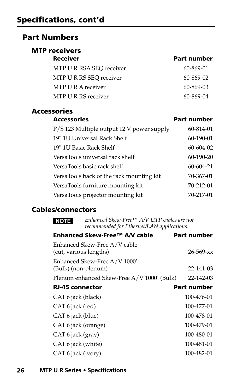 Part numbers, Mtp receivers, Accessories | Cables/connectors, Specifications, cont’d part numbers | Extron electronic MTP U R RS SEQ User Manual | Page 30 / 32
