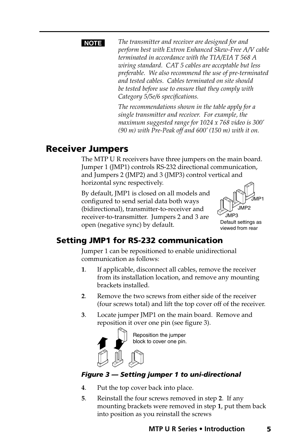 Receiver jumpers, Setting jmp1 for rs-232 communication | Extron electronic MTP U R RS SEQ User Manual | Page 9 / 32