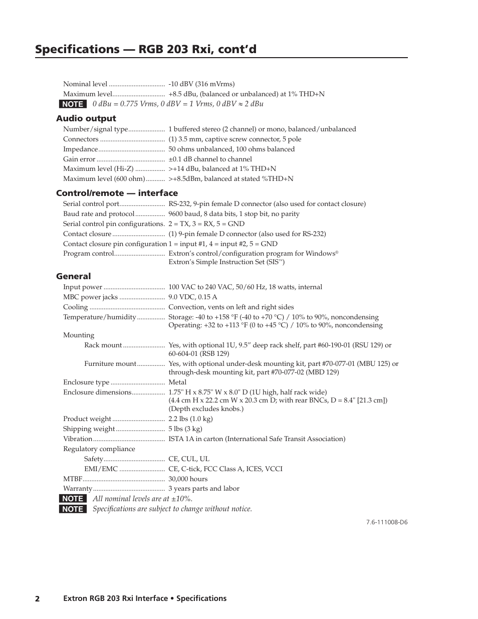 Specifications — rgb 203 rxi, cont’d | Extron electronic Interface RGB 203 Rxi User Manual | Page 2 / 2