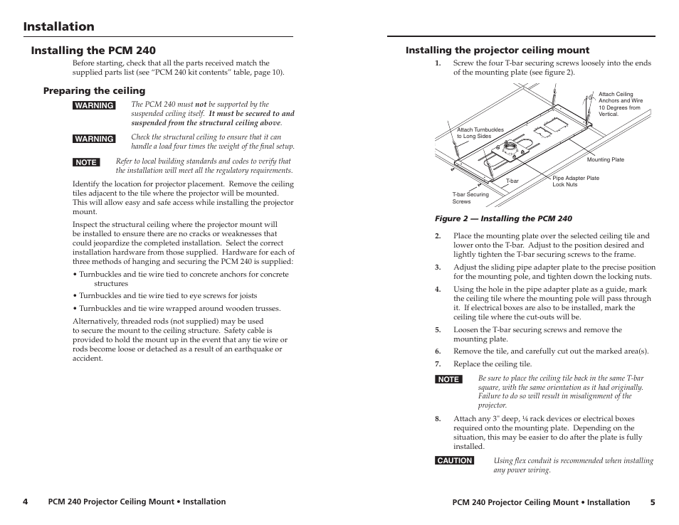 Installing the pcm 240, Preparing the ceiling, Installing the projector ceiling mount | Installation | Extron electronic PROJECTOR CEILING MOUNT PCM 240 User Manual | Page 5 / 10