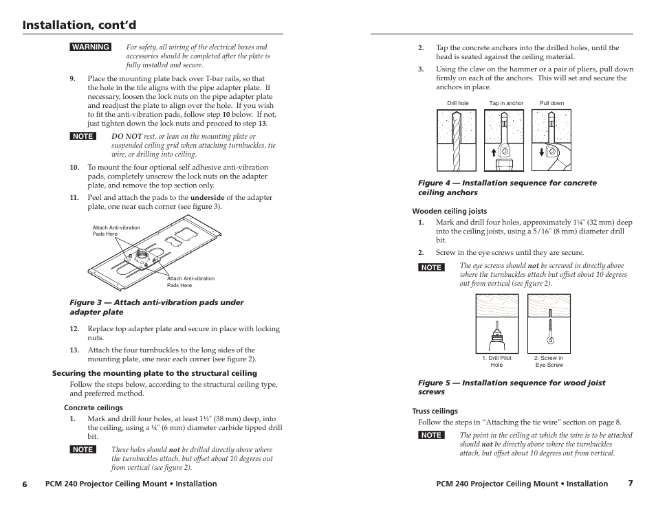 Concrete ceilings, Wooden ceiling joists, Truss ceilings | Installation, cont’d | Extron electronic PROJECTOR CEILING MOUNT PCM 240 User Manual | Page 6 / 10