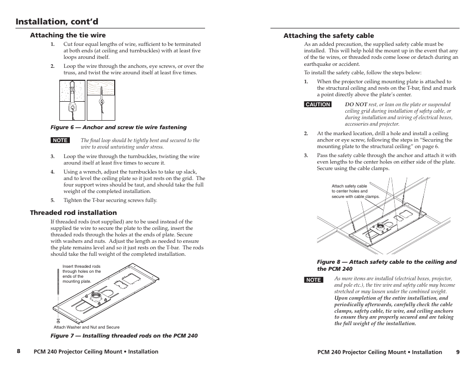 Attaching the tie wire, Threaded rod installation, Attaching the safety cable | Installation, cont’d | Extron electronic PROJECTOR CEILING MOUNT PCM 240 User Manual | Page 7 / 10