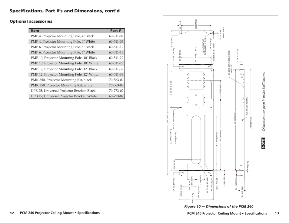 Specifications, part #’s and dimensions, cont’d, Optional accessories, Pcm 240 projector ceiling mount • specifications | Ndimensions ar e given in inches [millimeters | Extron electronic PROJECTOR CEILING MOUNT PCM 240 User Manual | Page 9 / 10