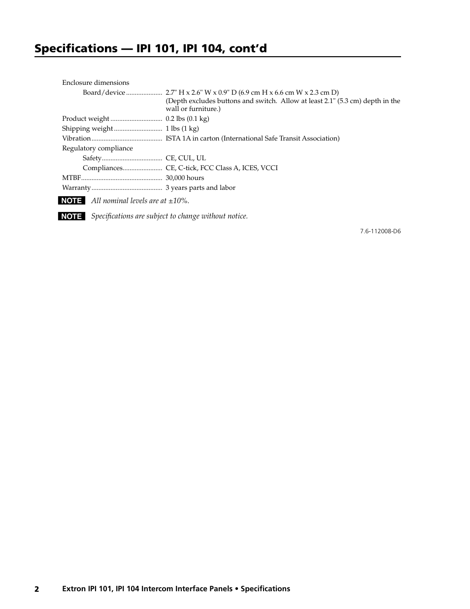 Extron electronic Intercom Interface Panels IPI 101 User Manual | Page 2 / 2