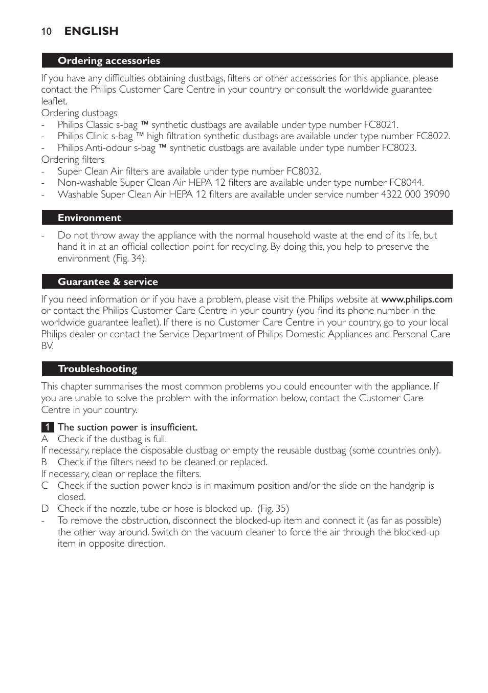 Ordering accessories, Environment, Guarantee & service | Troubleshooting | Philips FC8600 User Manual | Page 10 / 108