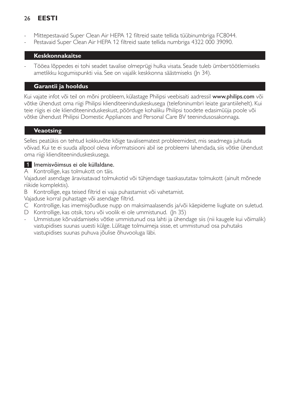 Keskkonnakaitse, Garantii ja hooldus, Veaotsing | Philips FC8600 User Manual | Page 26 / 108