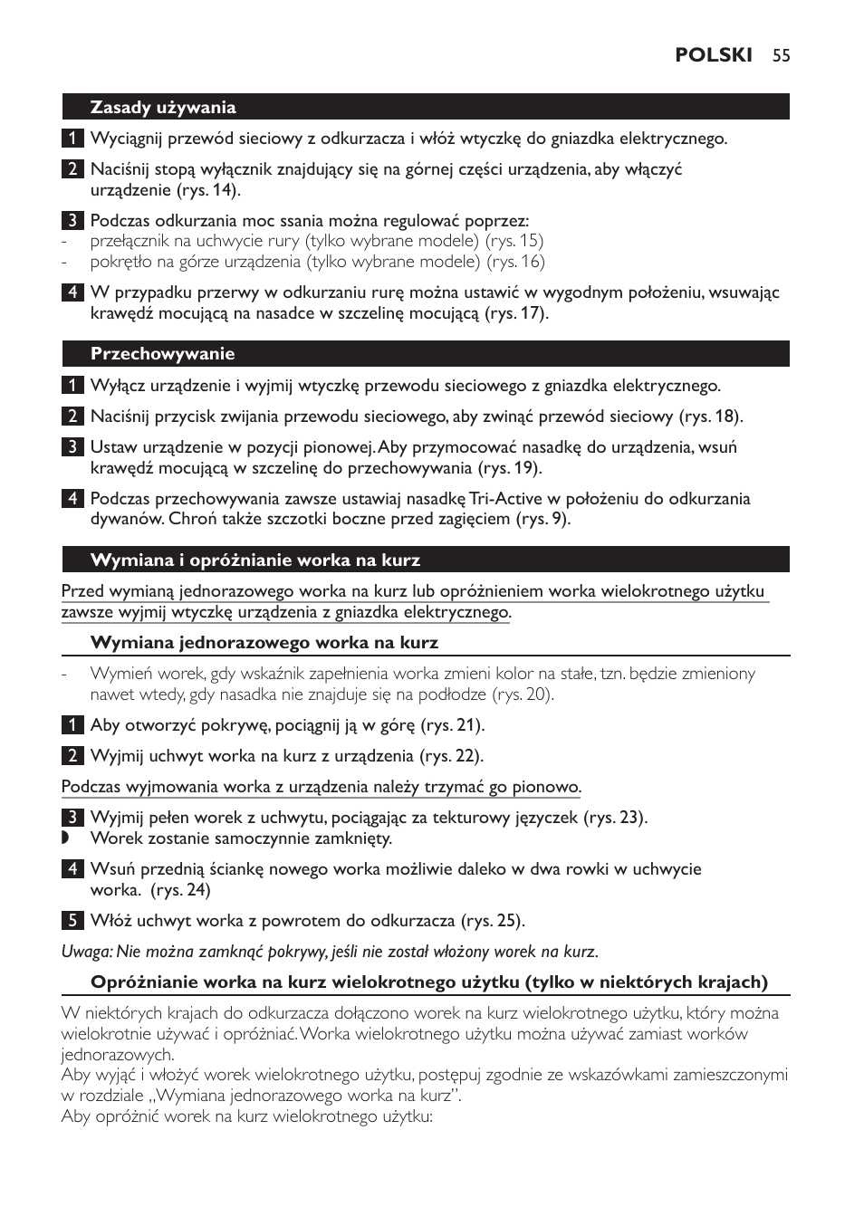 Zasady używania, Przechowywanie, Wymiana i opróżnianie worka na kurz | Wymiana jednorazowego worka na kurz | Philips FC8600 User Manual | Page 55 / 108