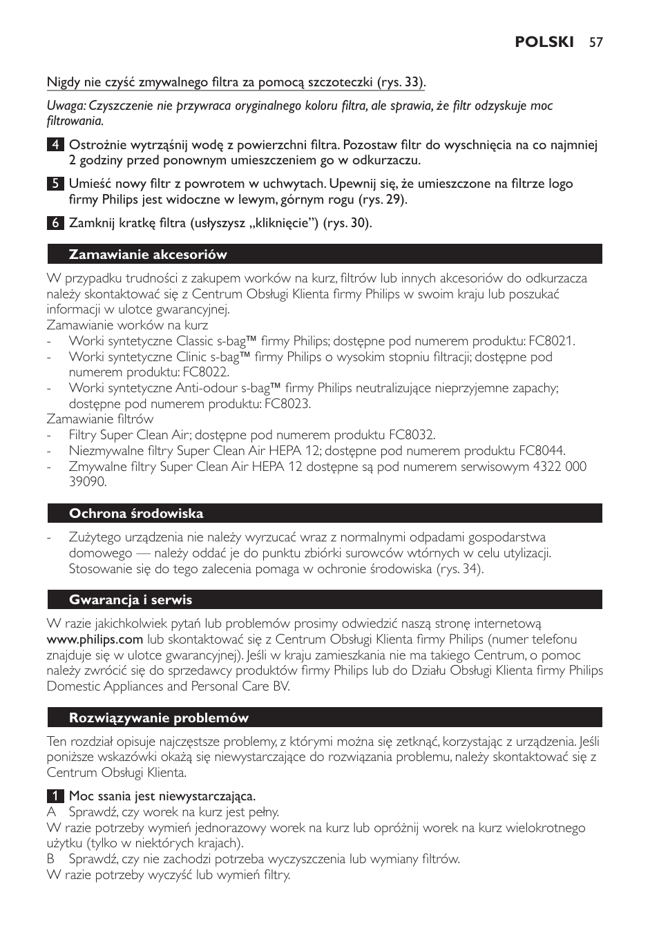 Zamawianie akcesoriów, Ochrona środowiska, Gwarancja i serwis | Rozwiązywanie problemów | Philips FC8600 User Manual | Page 57 / 108