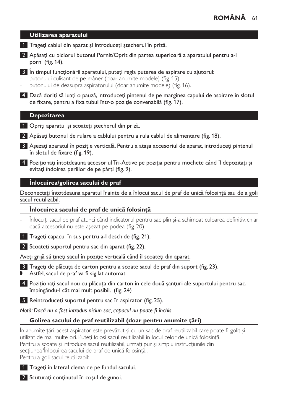 Depozitarea, Înlocuirea/golirea sacului de praf, Înlocuirea sacului de praf de unică folosinţă | Philips FC8600 User Manual | Page 61 / 108