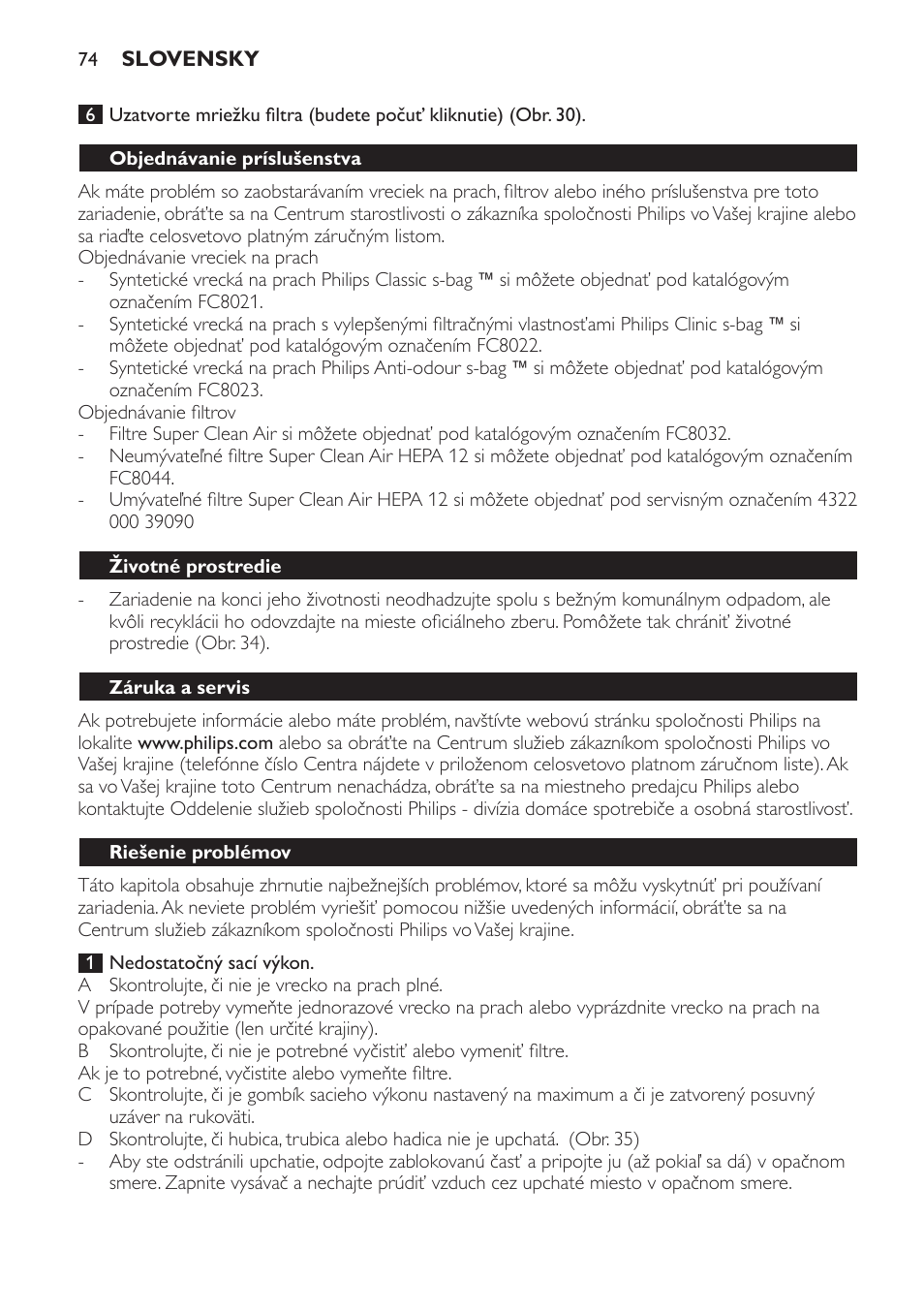 Objednávanie príslušenstva, Životné prostredie, Záruka a servis | Riešenie problémov | Philips FC8600 User Manual | Page 74 / 108