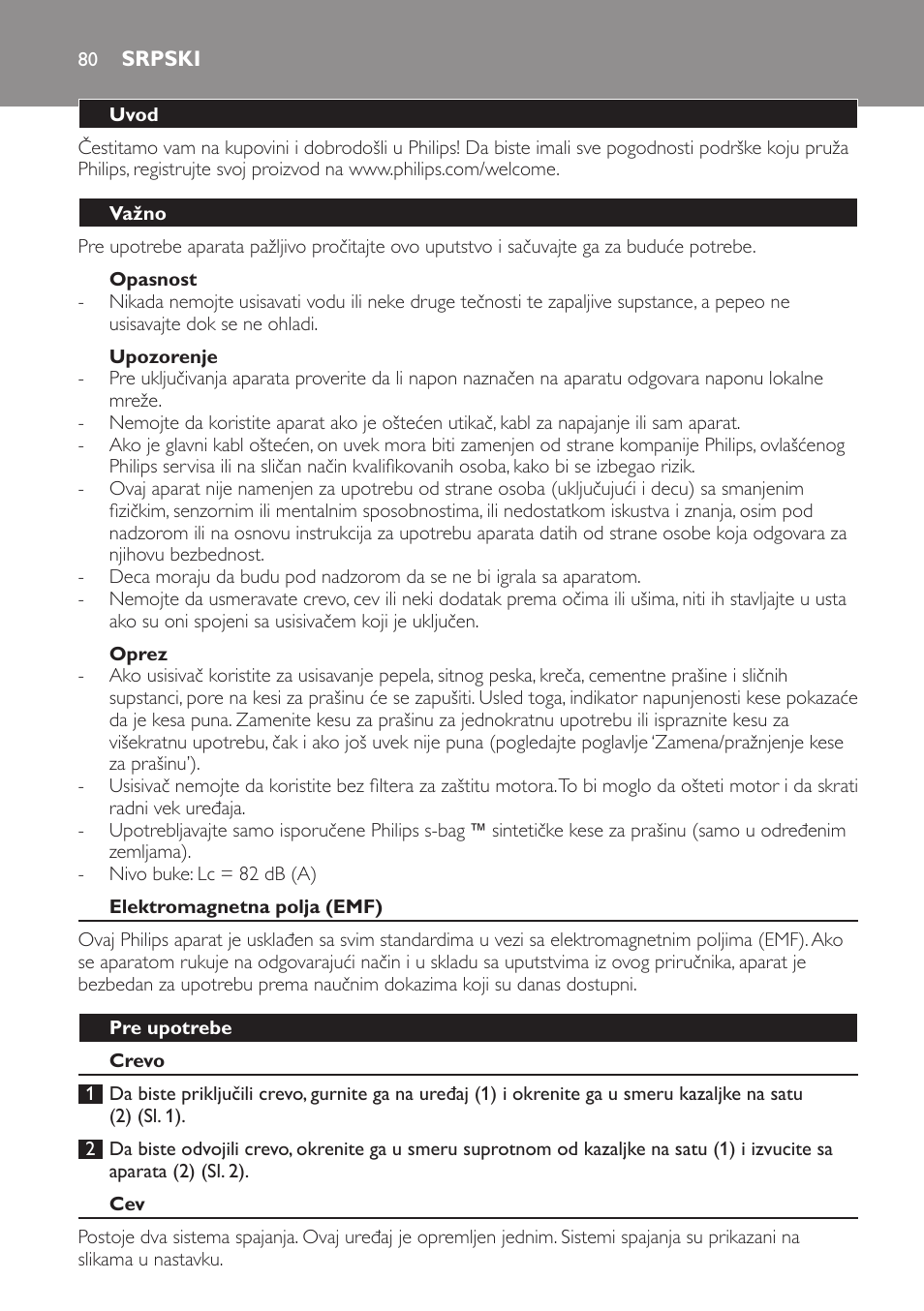 Opasnost, Upozorenje, Oprez | Srpski, Uvod, Važno, Elektromagnetna polja (emf), Pre upotrebe, Crevo | Philips FC8600 User Manual | Page 80 / 108