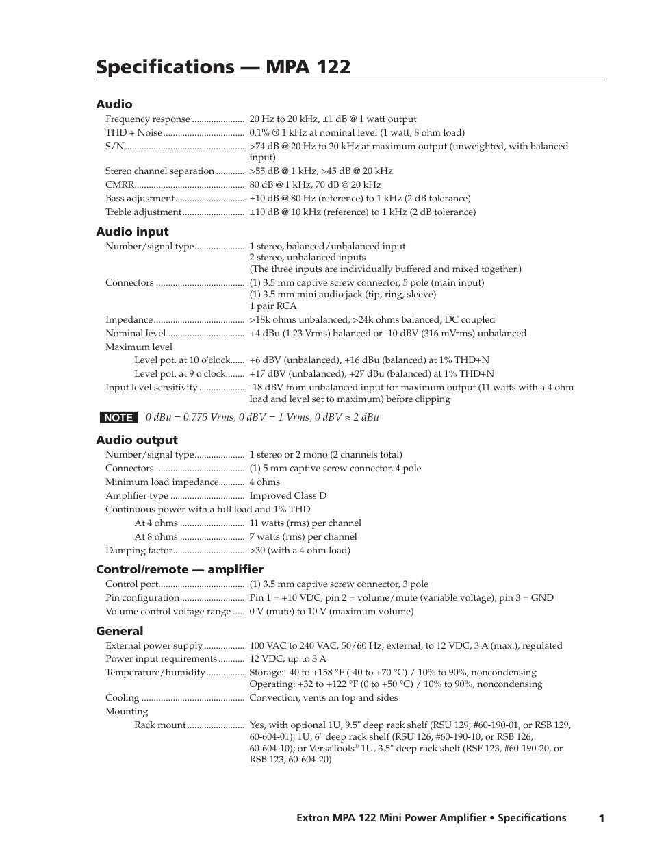 Extron electronic MPA 122 User Manual | 2 pages