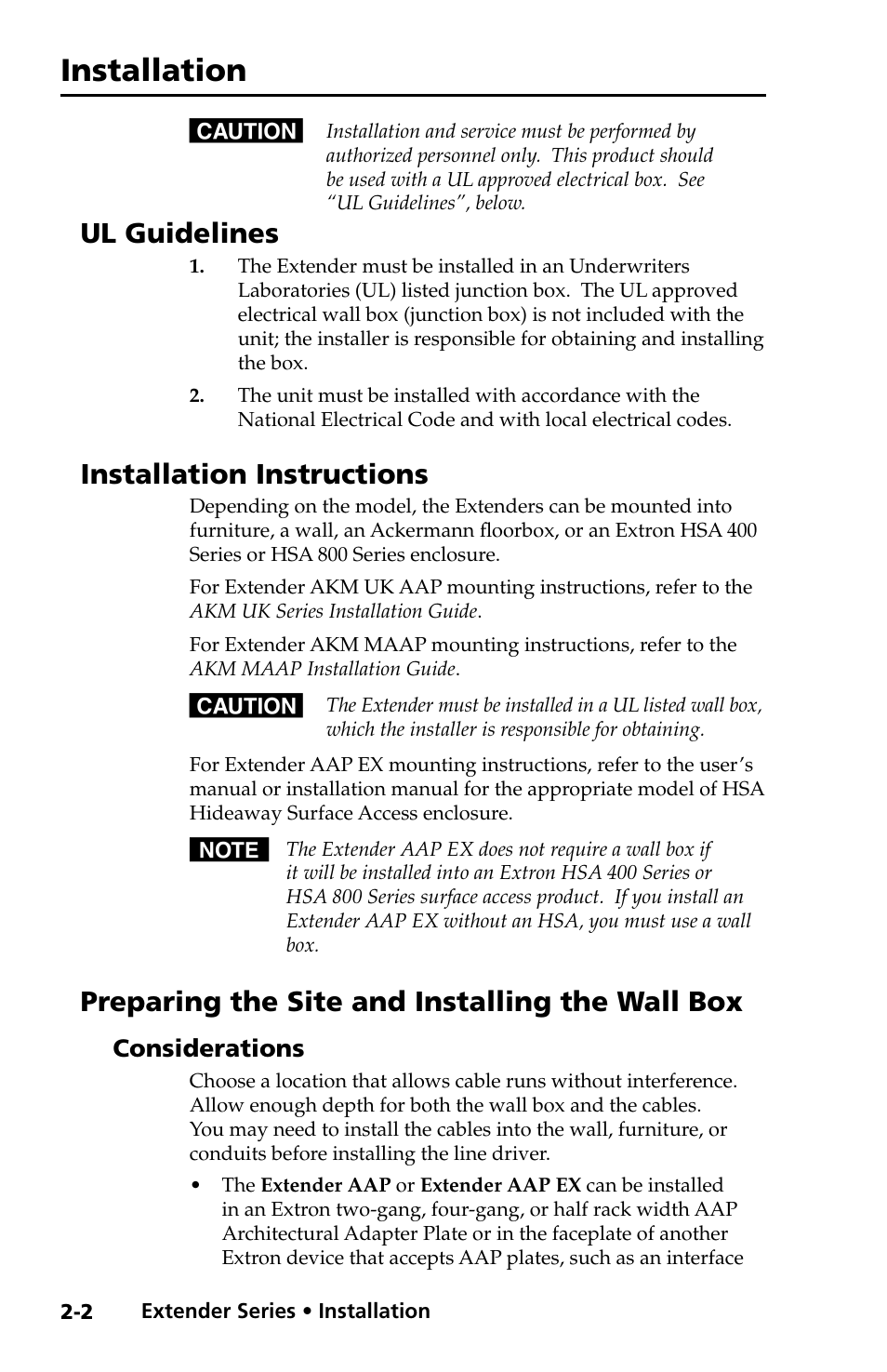 Ul guidelines, Installation instructions, Preparing the site and installing the wall box | Considerations, Considerations -2, Installation, Preliminar y | Extron Electronics Extender Series User Manual | Page 12 / 52