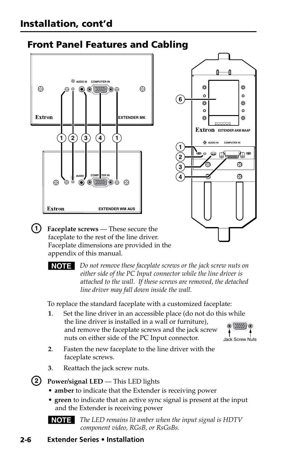 Front panel features and cabling, Installation, cont’d, Preliminar y | Extron Electronics Extender Series User Manual | Page 16 / 52