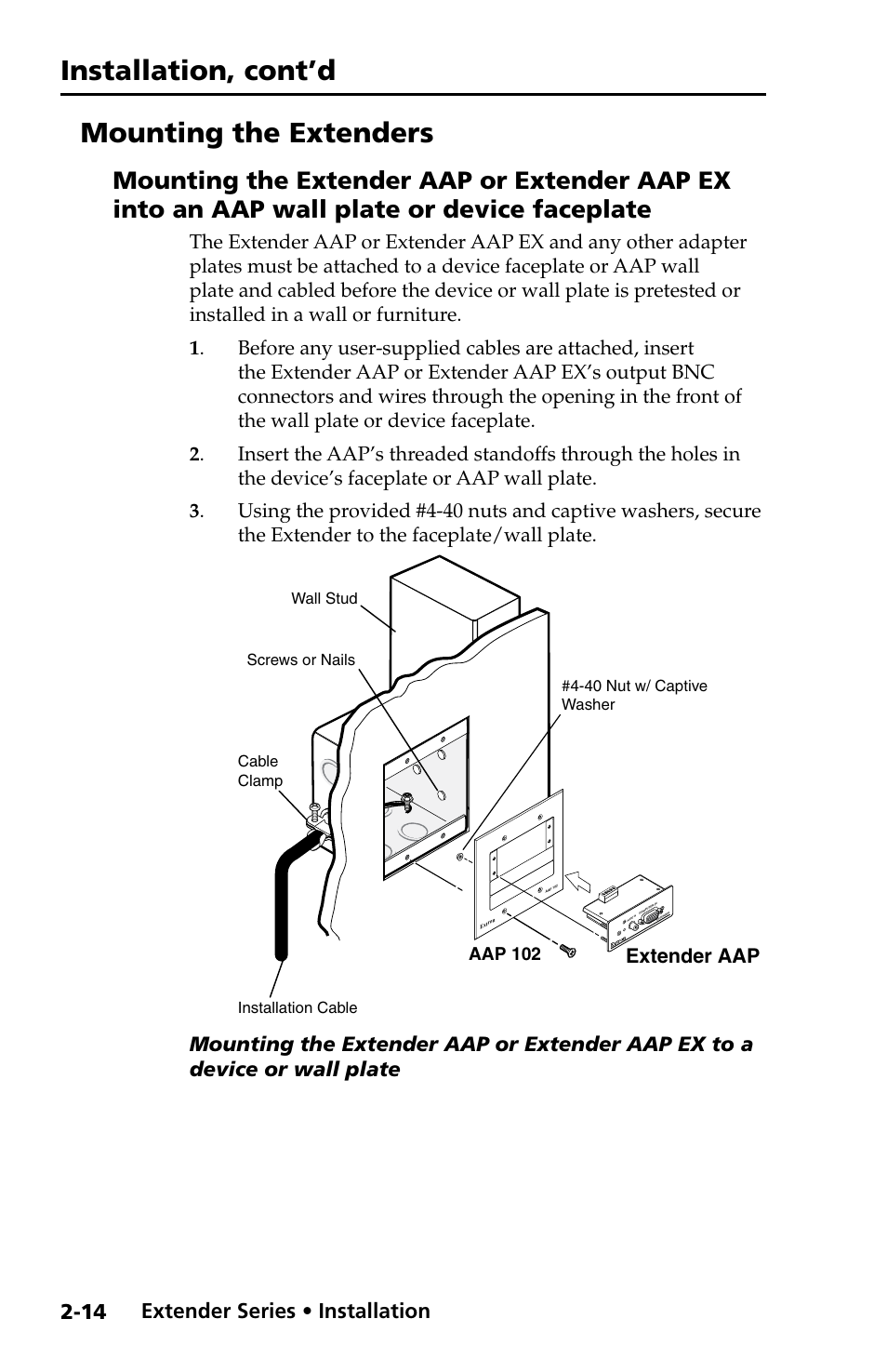 Mounting the extenders, Mounting the extender aap or extender aap ex, Into an aap wall plate or device faceplate -14 | Installation, cont’d, Preliminar y | Extron Electronics Extender Series User Manual | Page 24 / 52