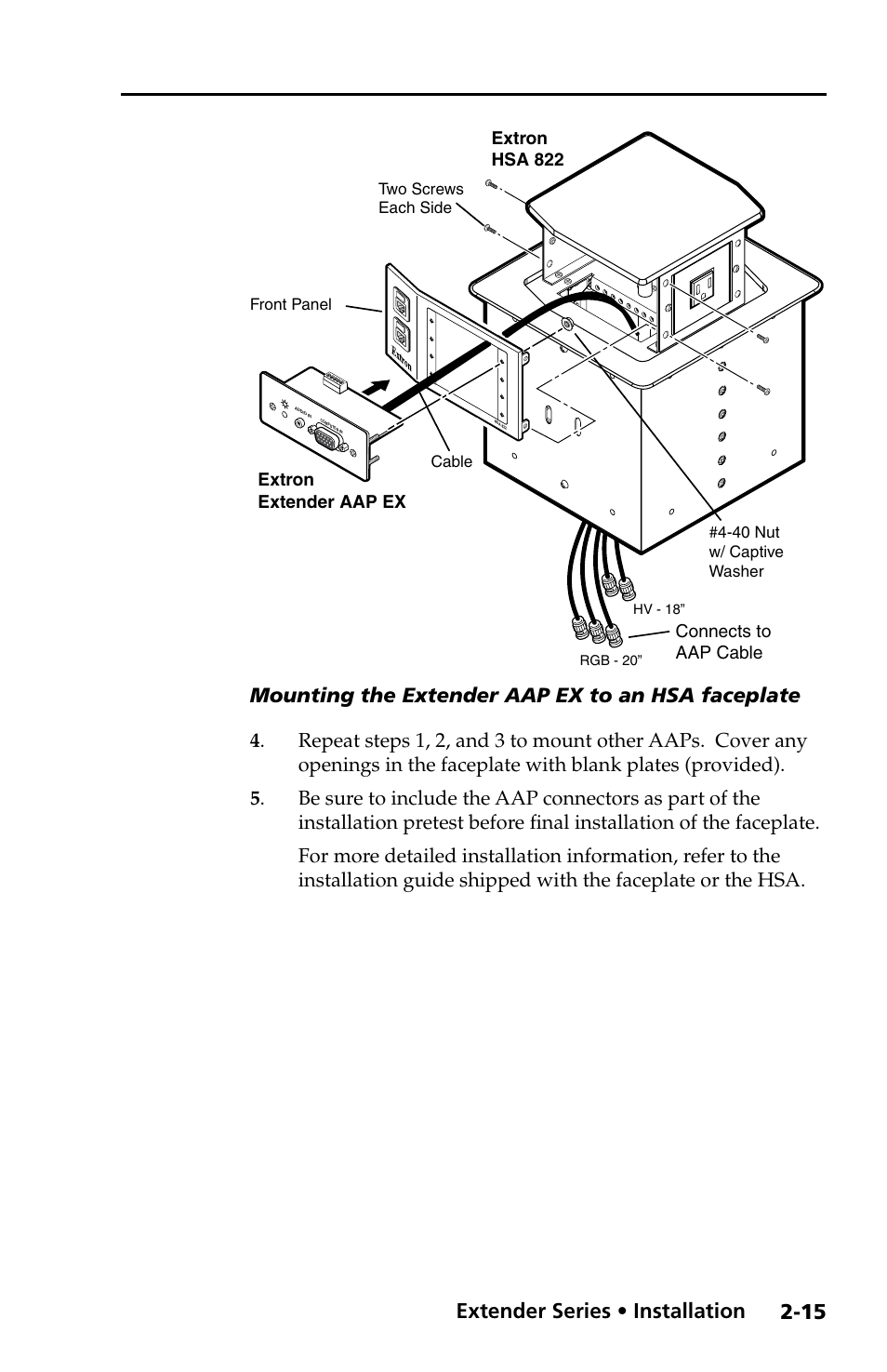 Preliminar y, Extender series • installation, Mounting the extender aap ex to an hsa faceplate | Extron Electronics Extender Series User Manual | Page 25 / 52