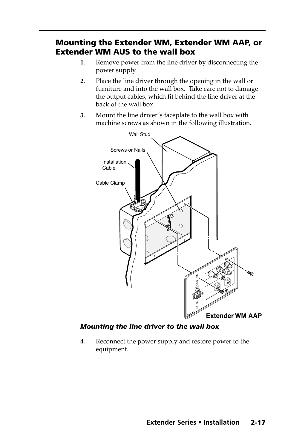 Mounting the extender wm, extender wm aap, Or extender wm aus to the wall box -17, Extender wm aap install.eps | Extender series • installation, Mounting the line driver to the wall box, Extender wm aap | Extron Electronics Extender Series User Manual | Page 27 / 52