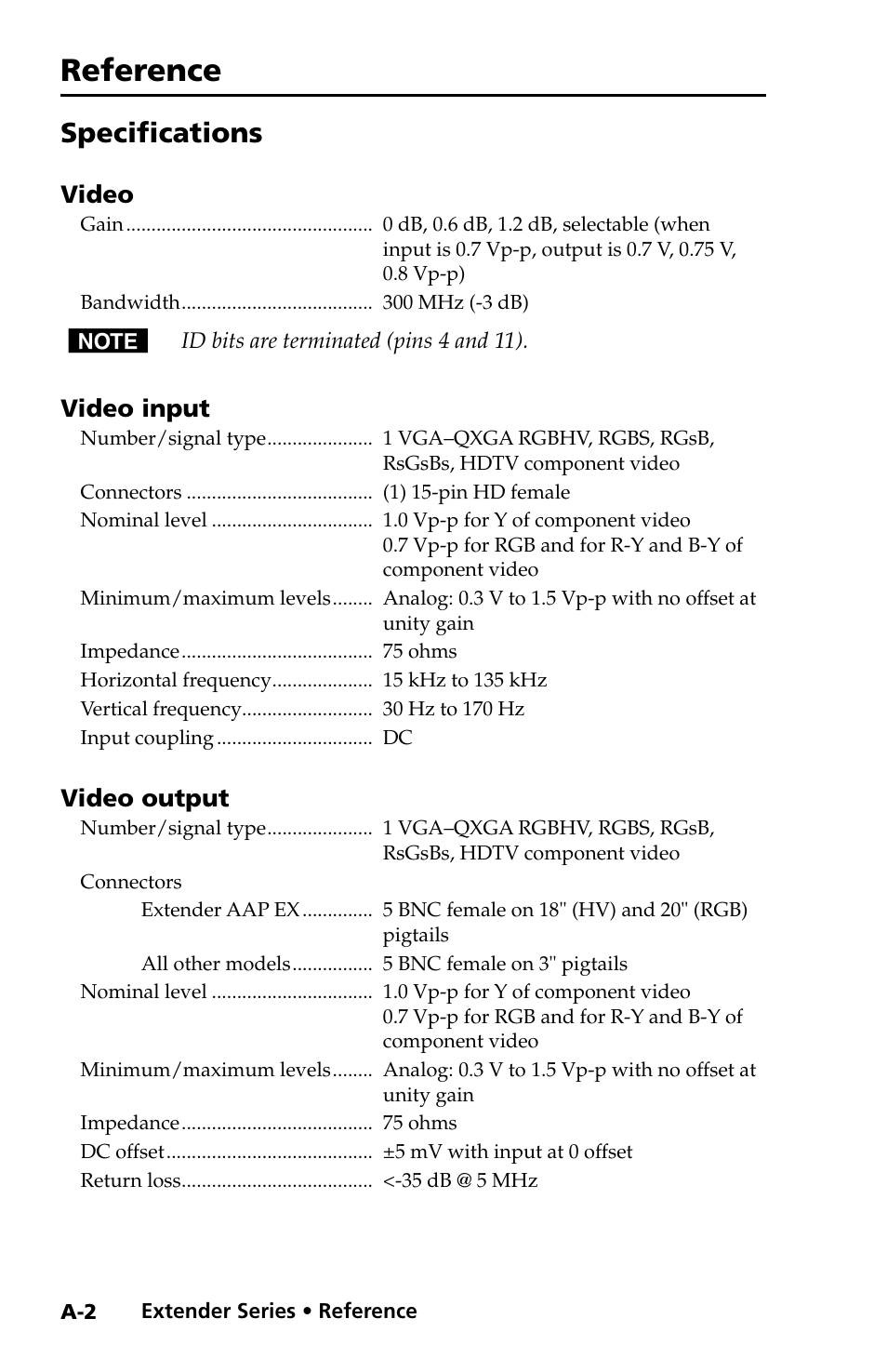 Specifications, Reference | Extron Electronics Extender Series User Manual | Page 32 / 52