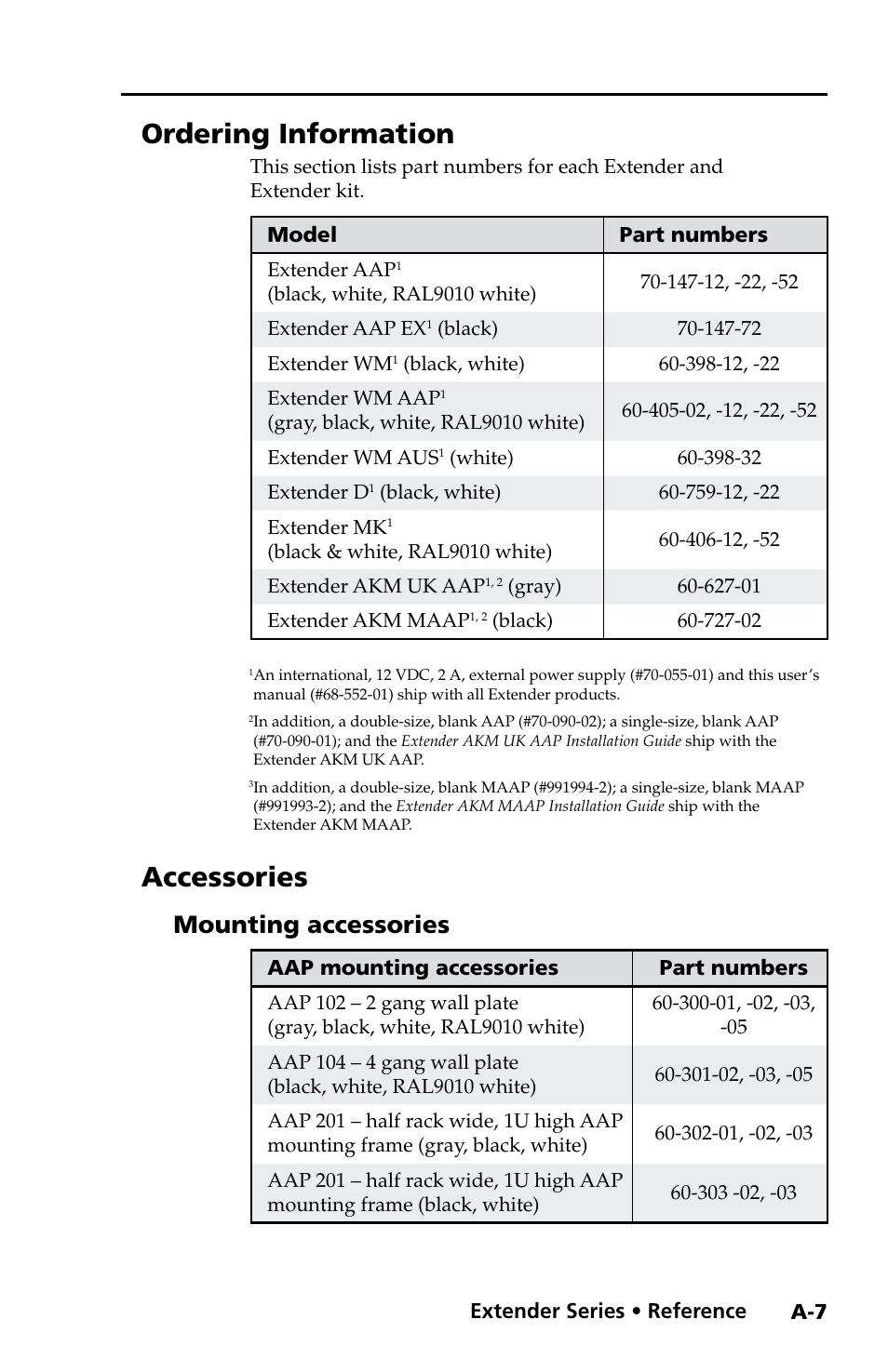 Ordering information, Accessories, Mounting accessories | Preliminar y | Extron Electronics Extender Series User Manual | Page 37 / 52