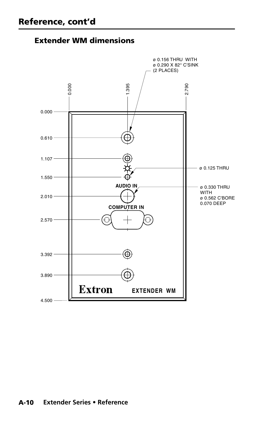 Extender wm dimensions, Reference, cont’d, Preliminar y | Extender series • reference, A-10, Extender wm | Extron Electronics Extender Series User Manual | Page 40 / 52