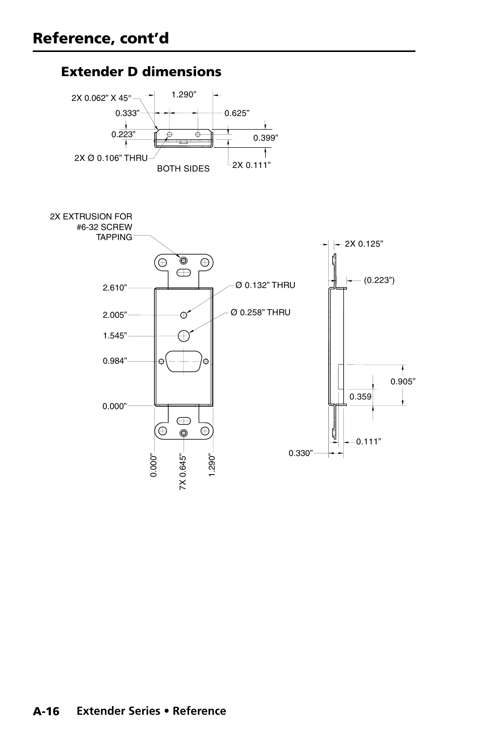 Extender d dimensions, Reference, cont’d, Preliminar y | Extender series • reference, A-16 | Extron Electronics Extender Series User Manual | Page 46 / 52