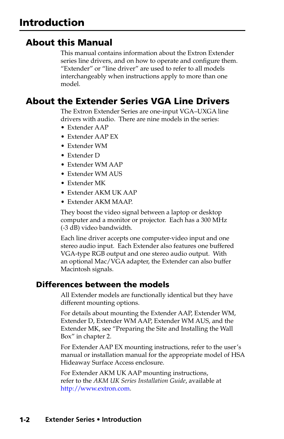 About this manual, About the extender series vga line drivers, Differences between the models | Differences between the models -2, Introduction, Preliminar y | Extron Electronics Extender Series User Manual | Page 8 / 52