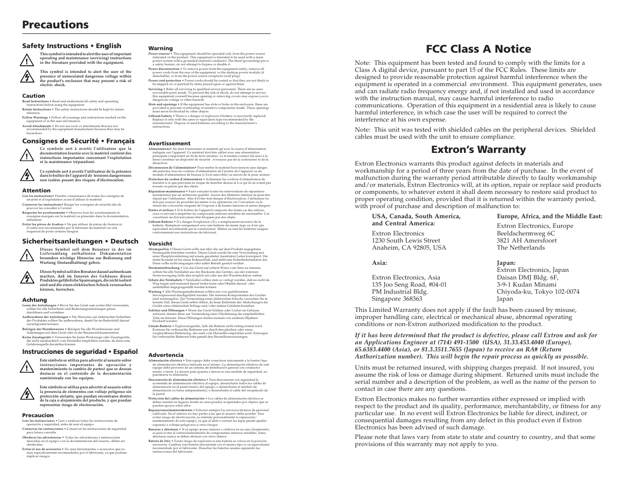 Precautions, Fcc class a notice, Extron’s warranty | Instrucciones de seguridad • español | Extron electronic P/2 DA6xi User Manual | Page 2 / 9