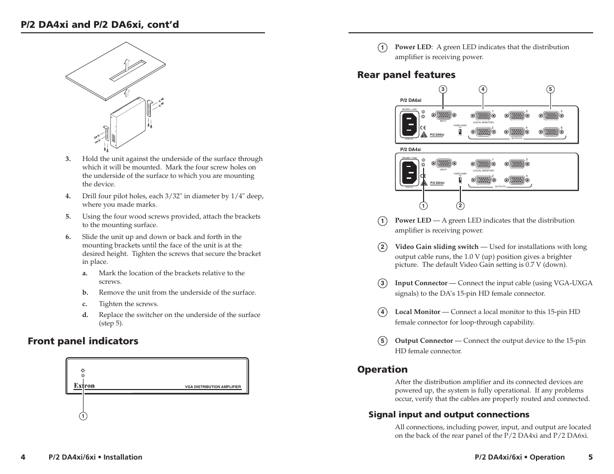 P/2 da4xi and p/2 da6xi, cont’d, Rear panel features, Operation | Front panel indicators, Vga distrib ution ampli fier, Signal input and output connections | Extron electronic P/2 DA6xi User Manual | Page 5 / 9