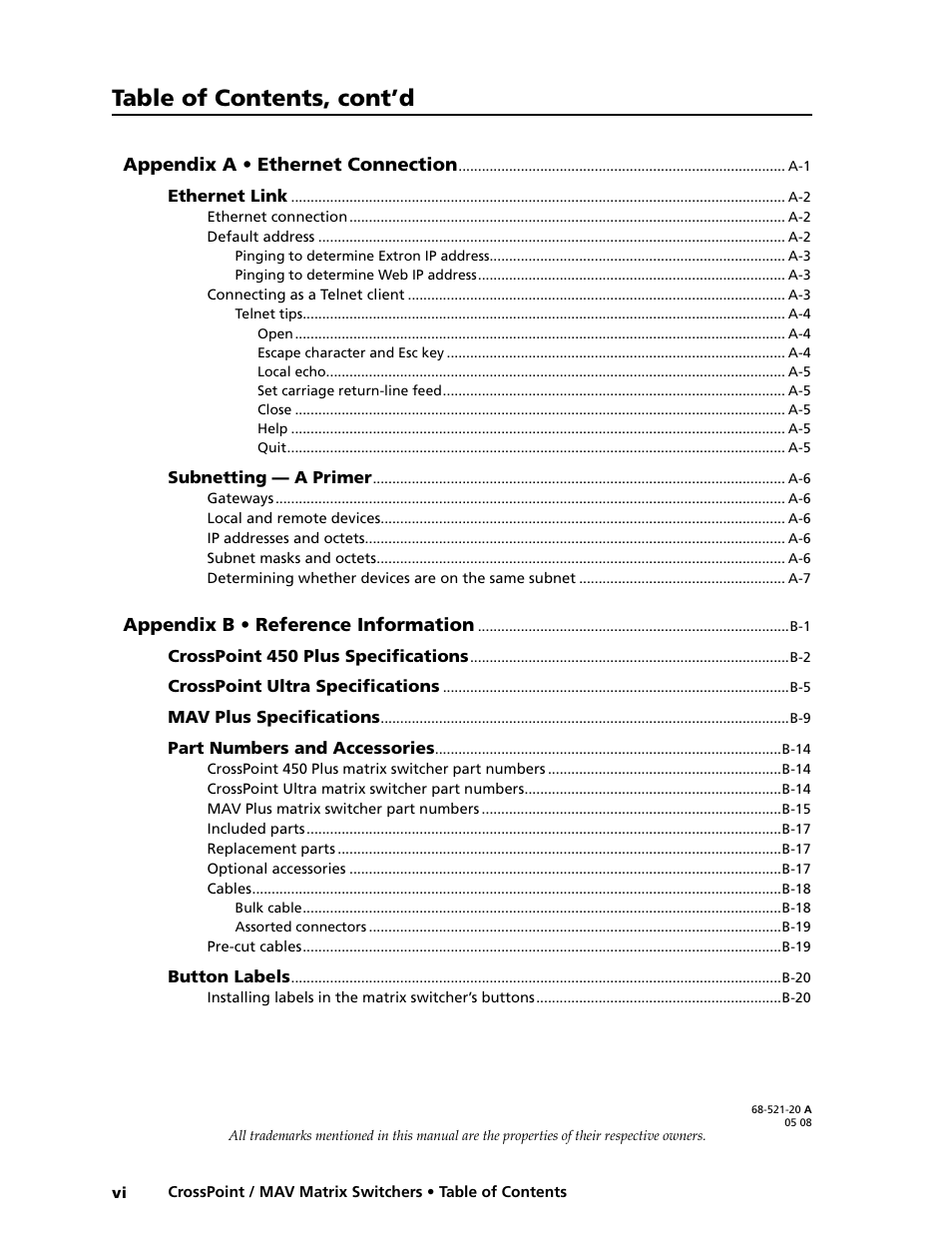 Table of contents, cont’d | Extron electronic Ultra Series User Manual | Page 10 / 214