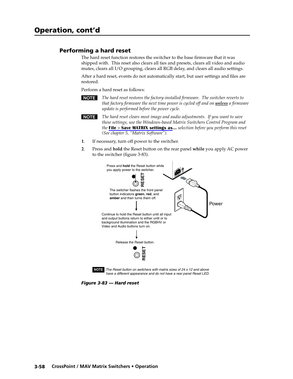 Performing a hard reset, Worksheet example 1: system equipment -60, Operation, cont’d | Extron electronic Ultra Series User Manual | Page 102 / 214