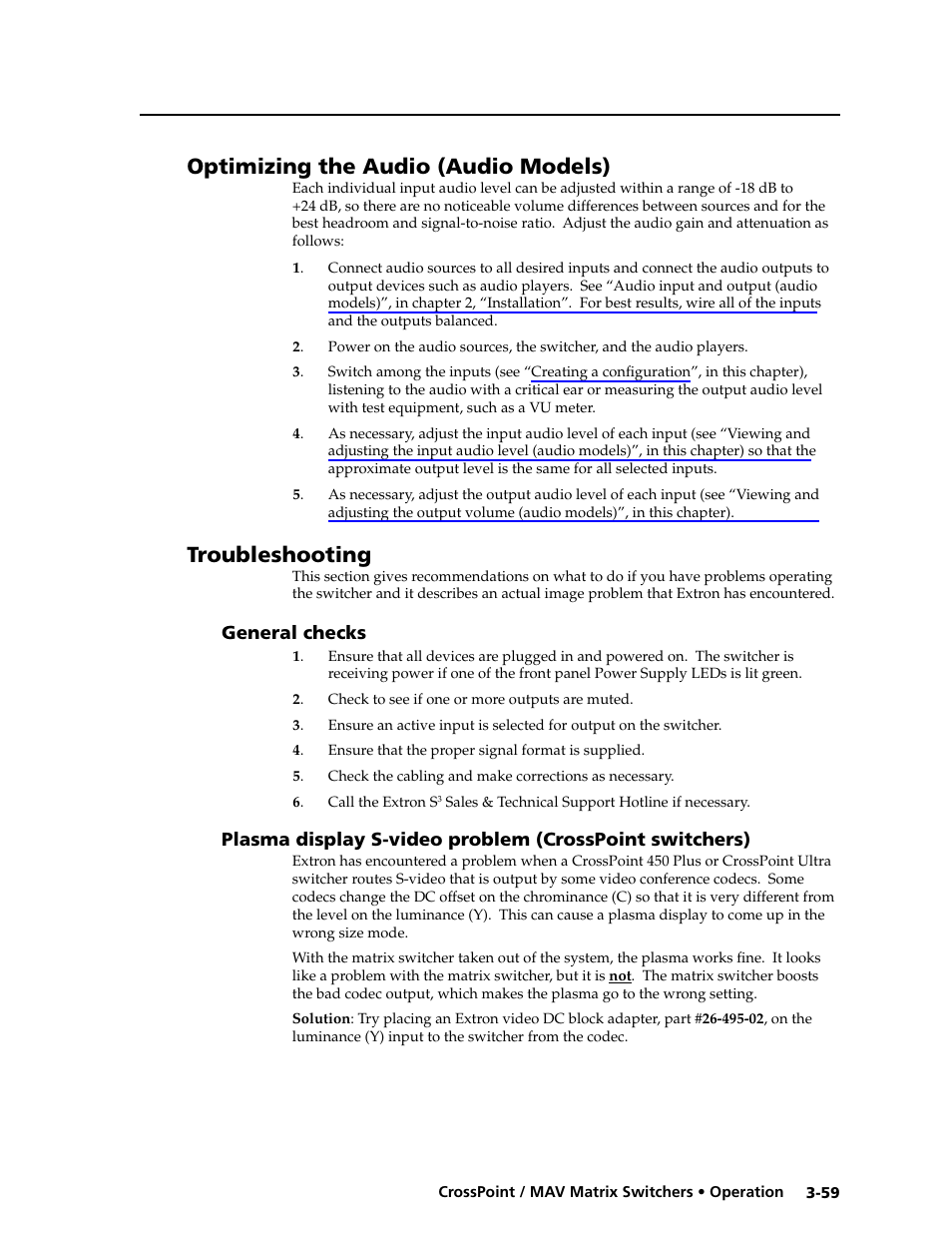 Optimizing the audio (audio models), Troubleshooting, General checks | Extron electronic Ultra Series User Manual | Page 103 / 214